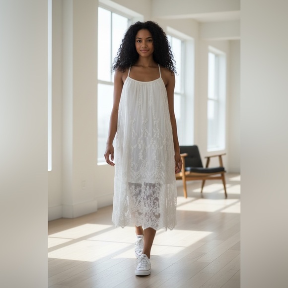 entro Dresses & Skirts - NWT Entro White Dress Embroidered Lace Overlay Crocheted Backless Babydoll